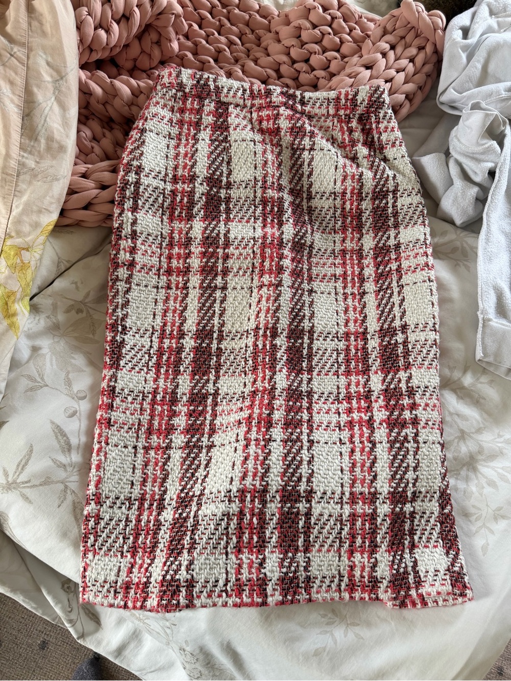 Halogen Cream, Red & Brown Plaid Tweed Midi Skirt